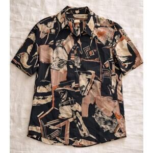 Emme Uno Italy Abstract Print Button Up Shirt XL Artistic Short Sleeve Black Tan